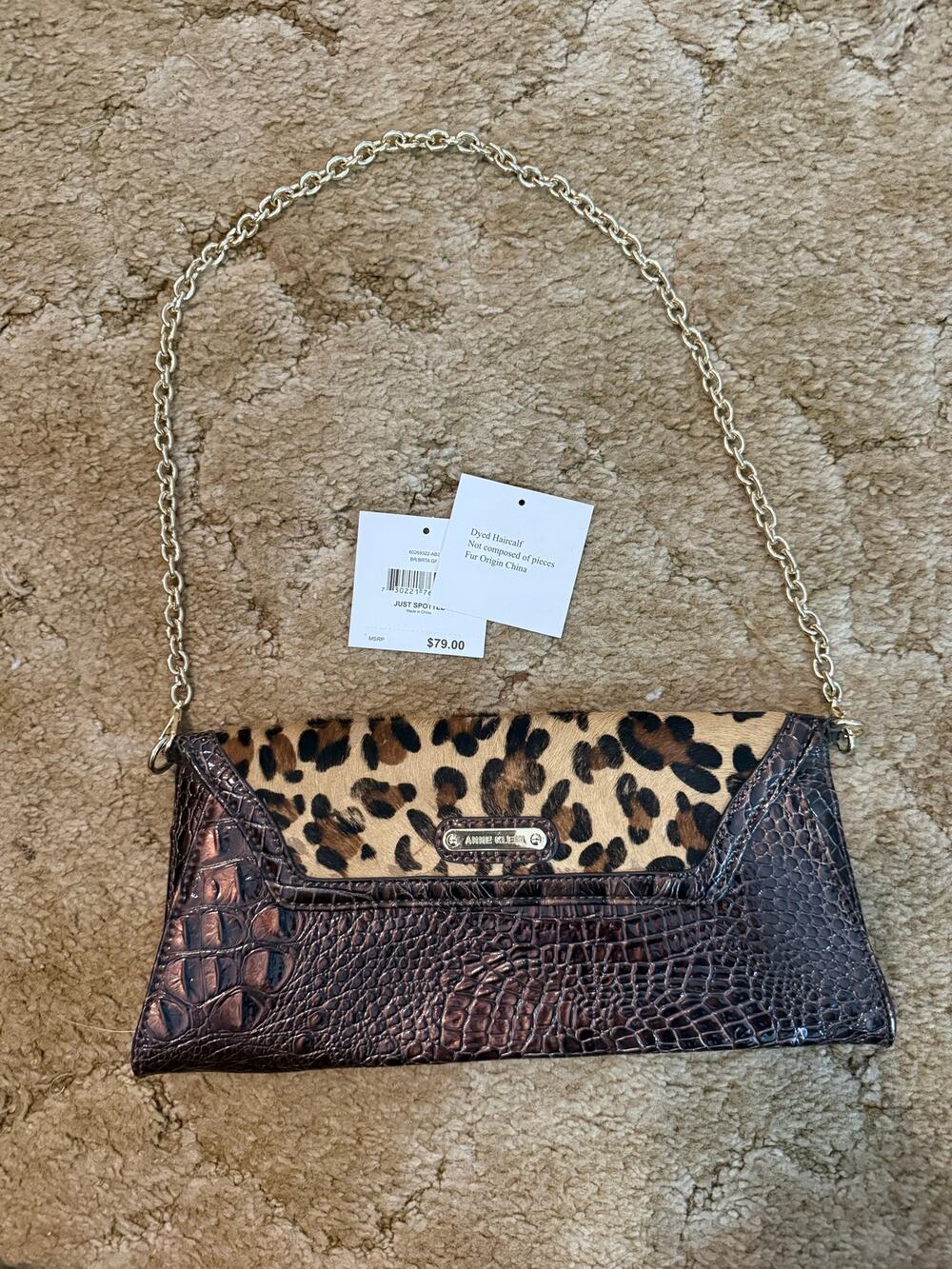 Anne Klein Leopard Haircalf Croc Embossed Chain Shoulder Bag NWT